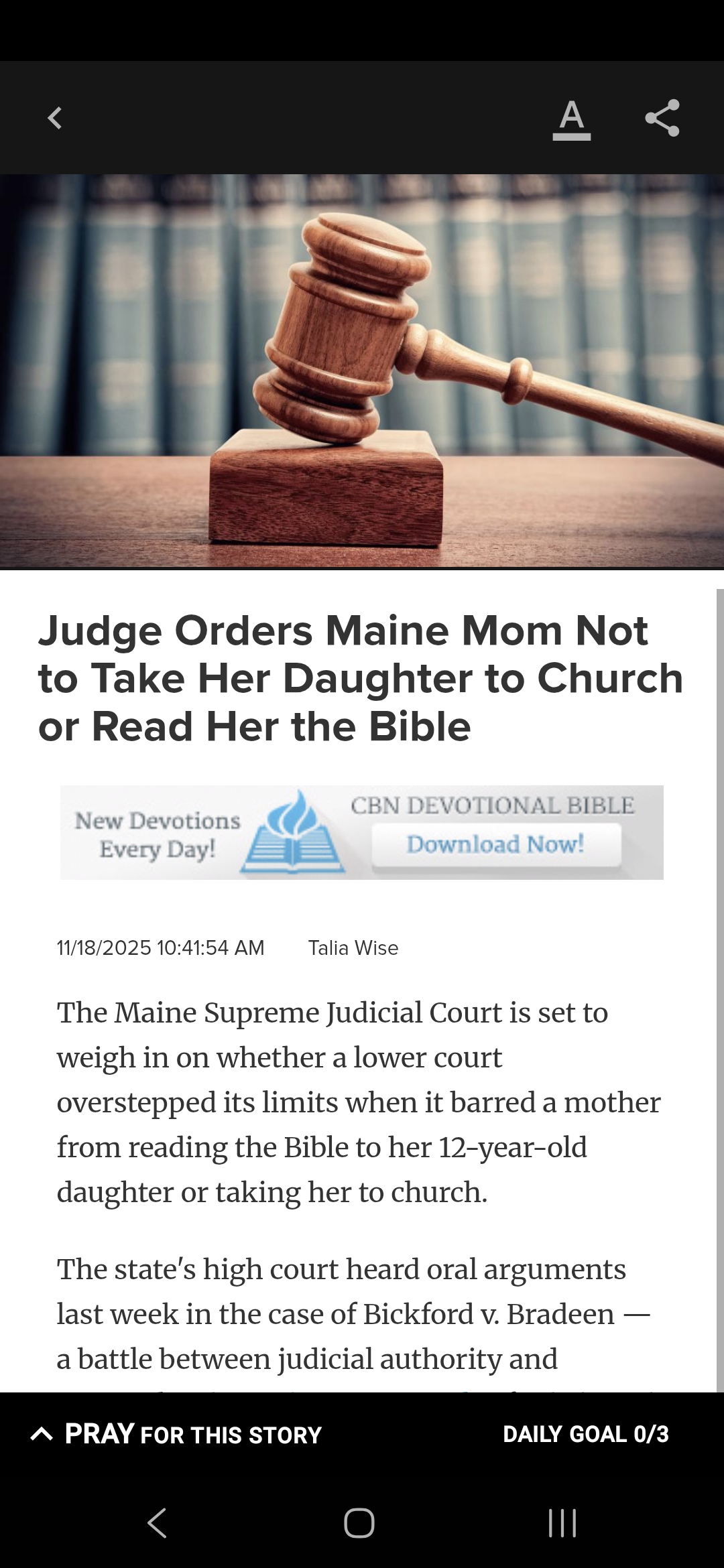 Judge Orders Maine Mom Not to Take Her Daughter to Church or Read Her the Bible