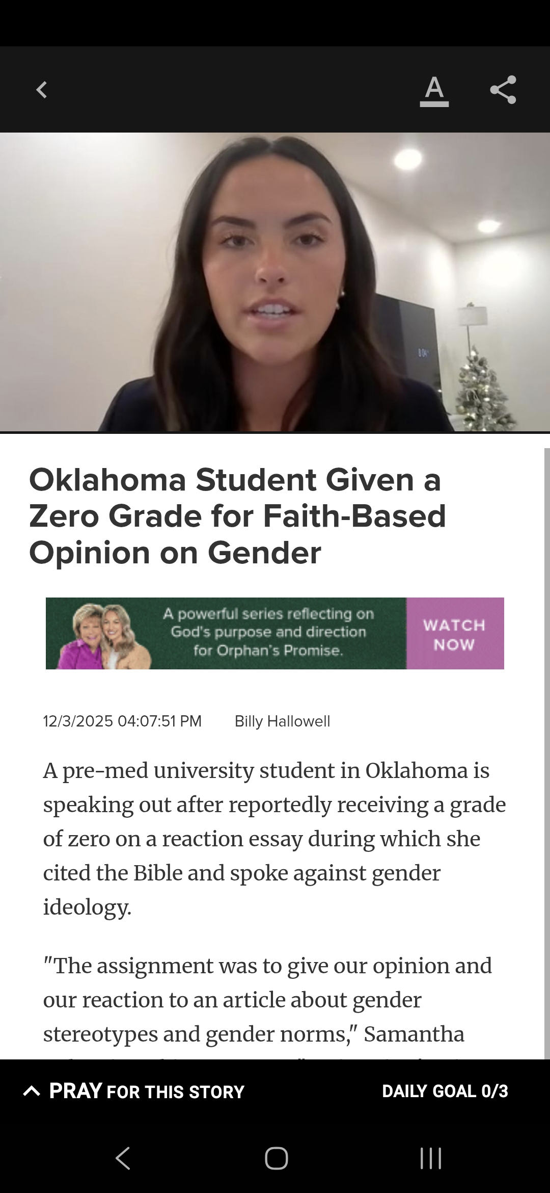 Oklahoma Student Given a Zero Grade for Faith-Based Opinion on Gender