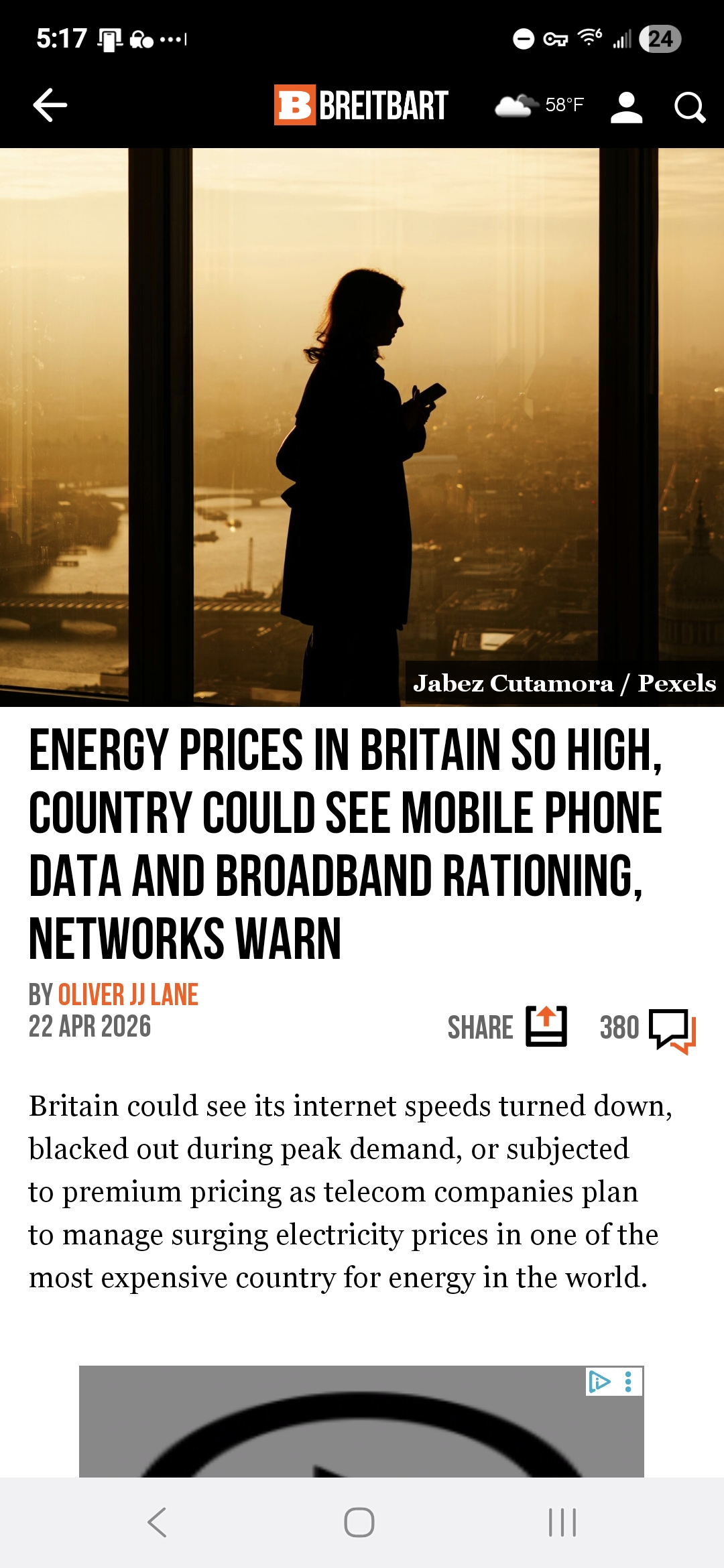 Energy Prices in Britain so High, Country Could See Mobile Phone Data and Broadband Rationing, Networks Warn