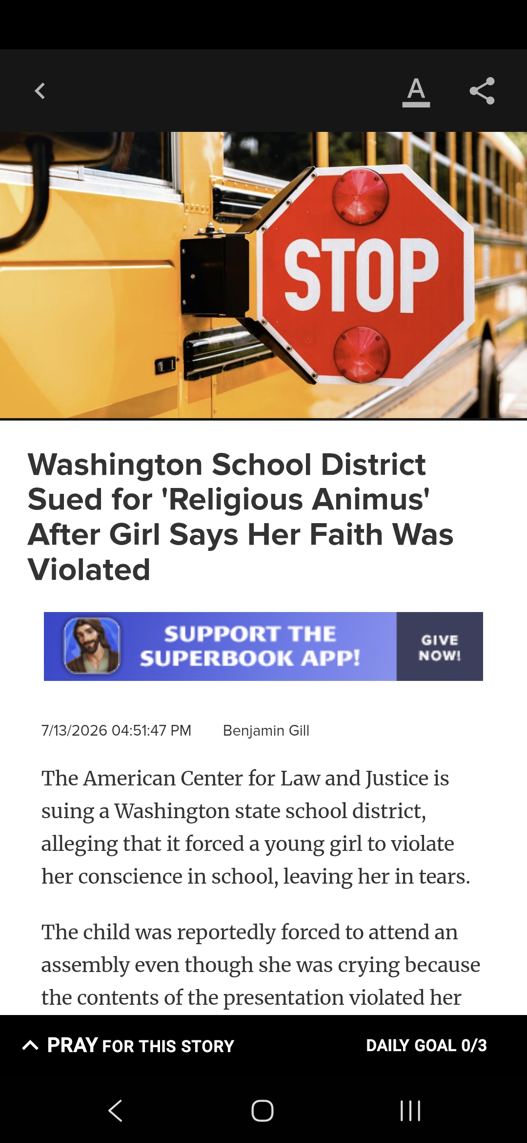 Washington School District Sued for ‘Religious Animus’ After Girl Says Her Faith Was Violated