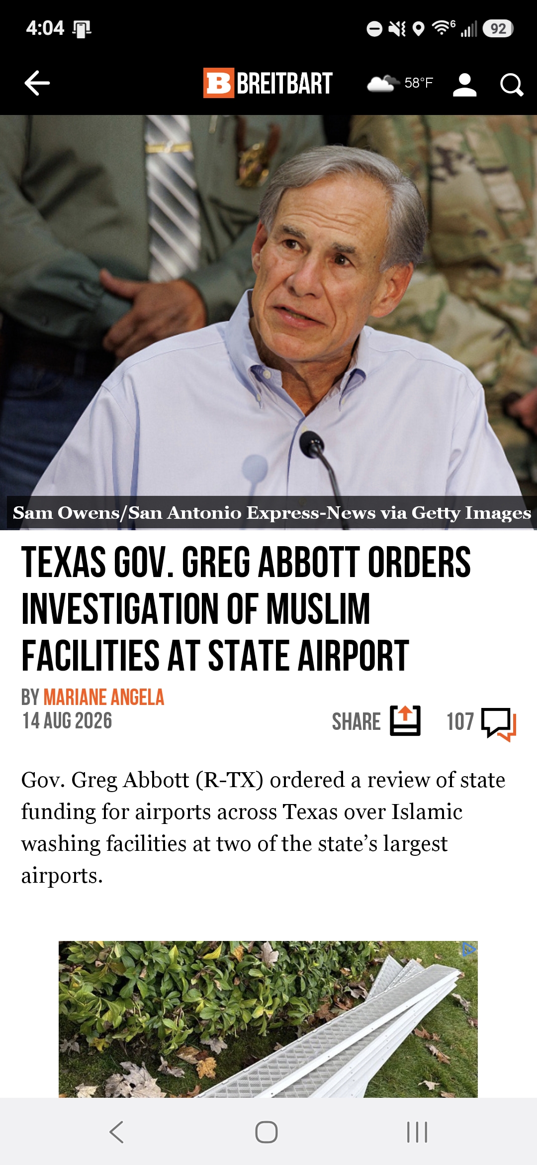 Texas Gov. Greg Abbott Orders Investigation of Muslim Facilities at State Airport
