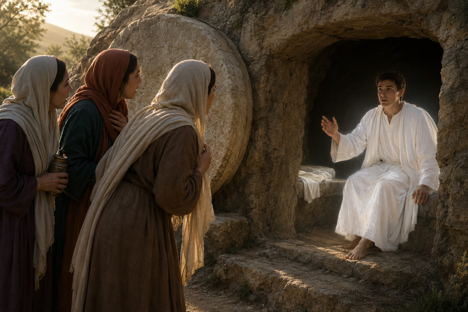 Resurrection at the tomb entrance