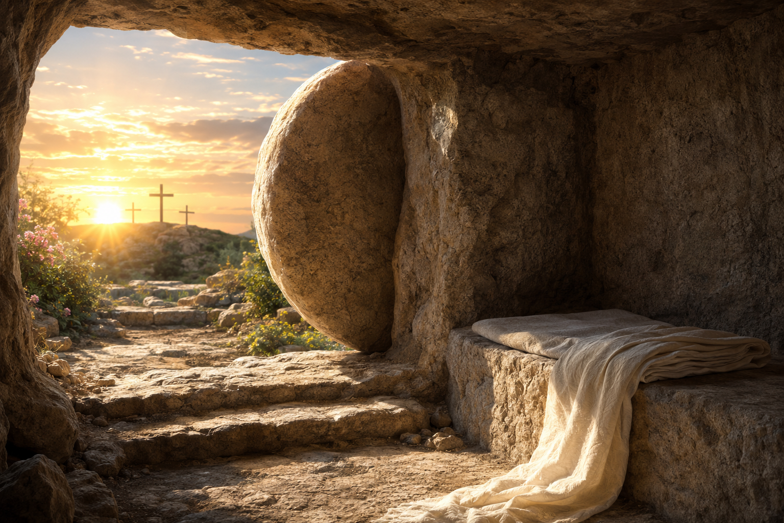 Empty tomb at sunrise