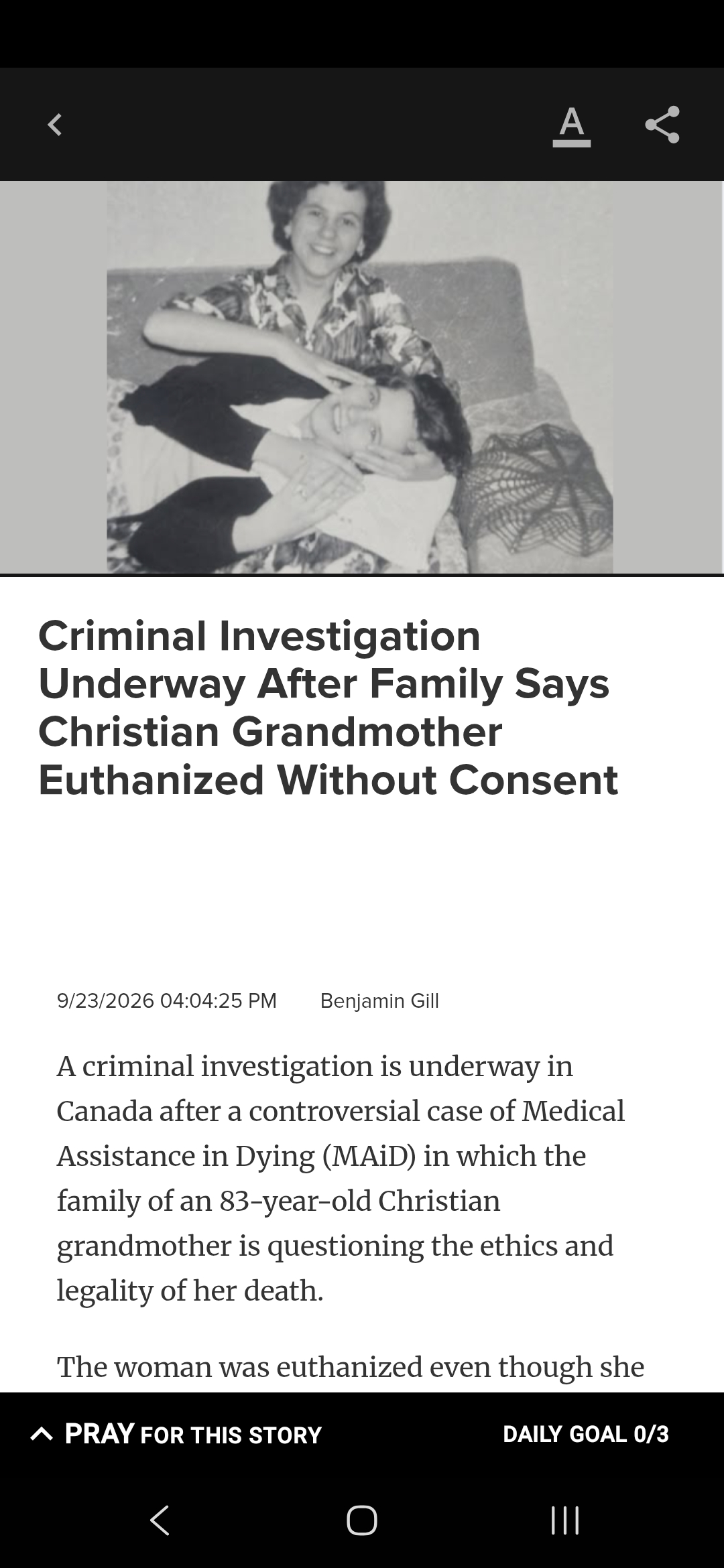Criminal Investigation Underway After Family Says Christian Grandmother Euthanized Without Consent