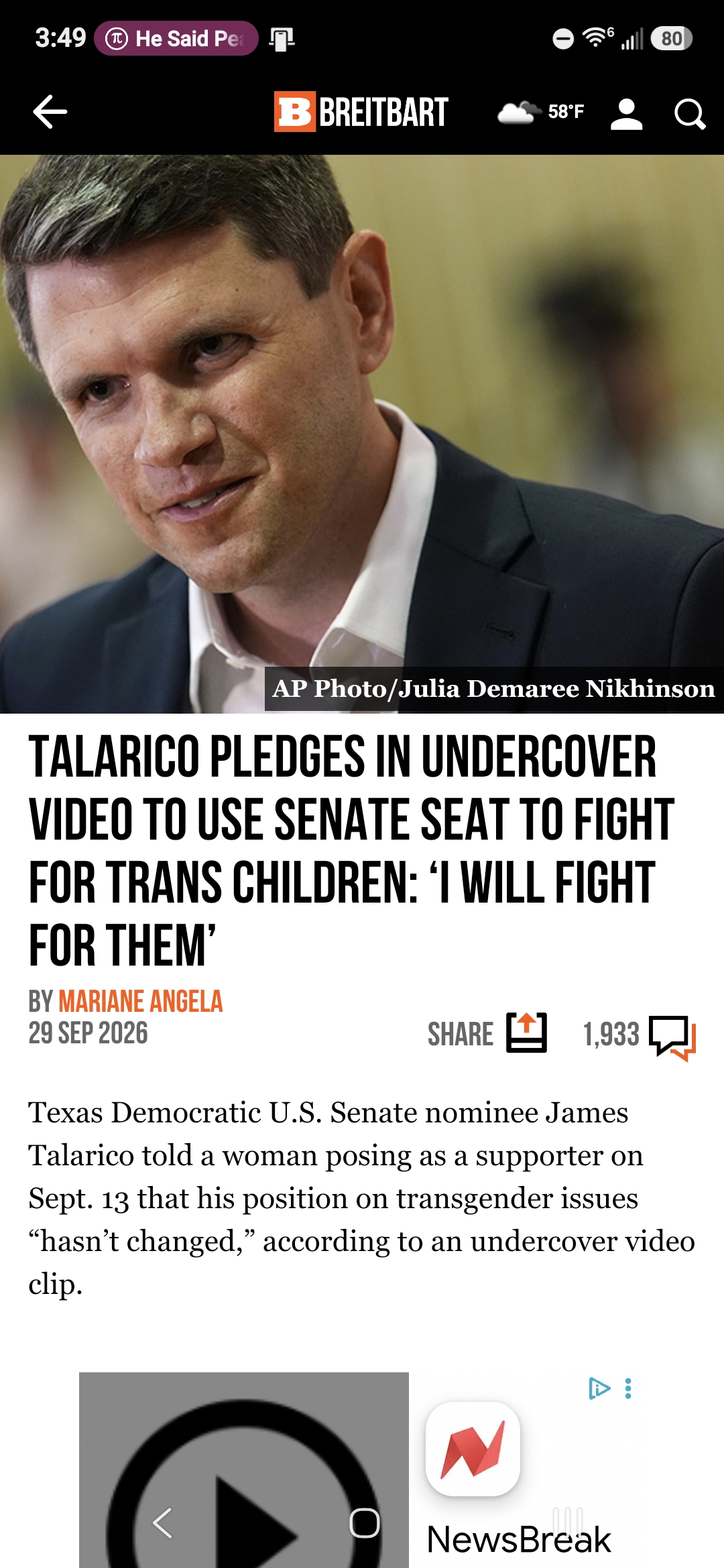 Talarico Pledges in Undercover Video to Use Senate Seat to Fight for Trans Children: &lsquo;I Will Fight for Them&rsquo;