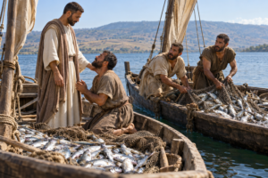 Simon Peter kneeling before Jesus