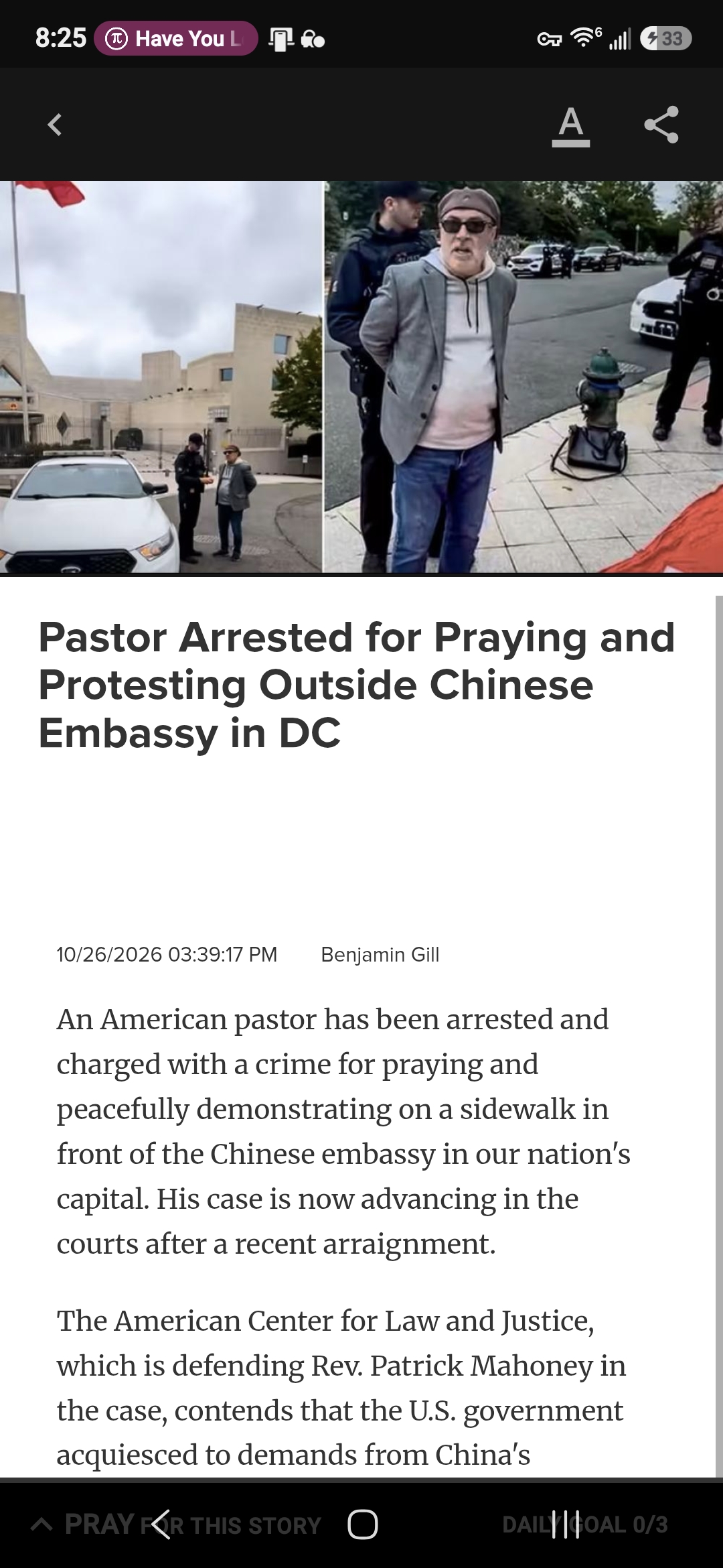 Pastor Arrested for Praying and Protesting Outside Chinese Embassy in DC
